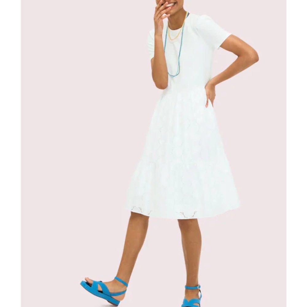 Kate Spade Dress Women L White Mixed Media Knit Dress Floral Eyelet Fit Flare
